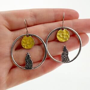 Mixed Metal Wolf Howling at Moon Dangle Earrings